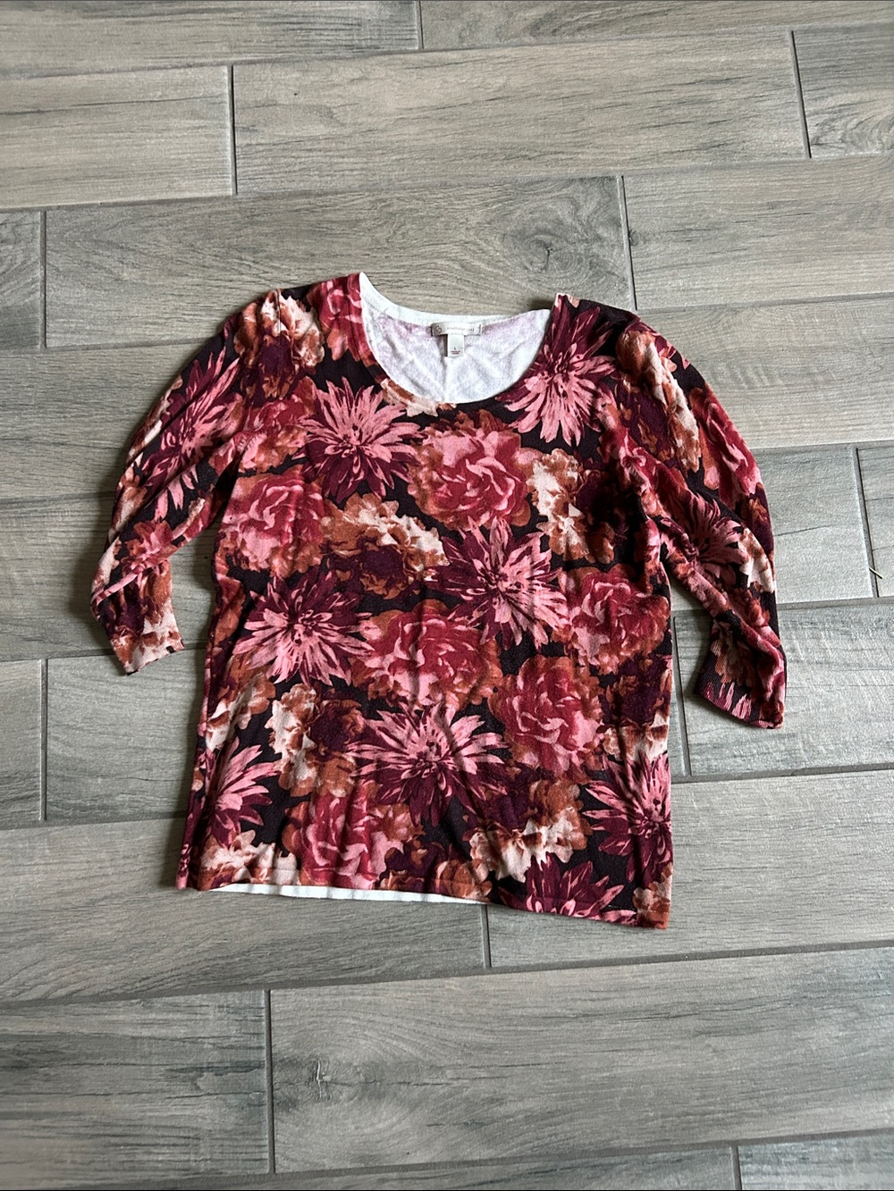 Floral Scoop Neck Long Sleeve Top - Pink/Burgundy